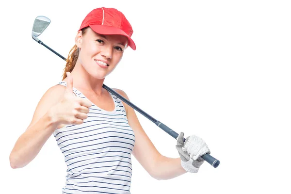 Golfspelare unga och framgångsrika med Golfklubb på vit bakgrund, — Stockfoto