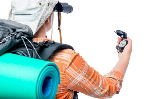 Verlorener Tourist mit Kompasshand auf weißem Hintergrund — Stockfoto