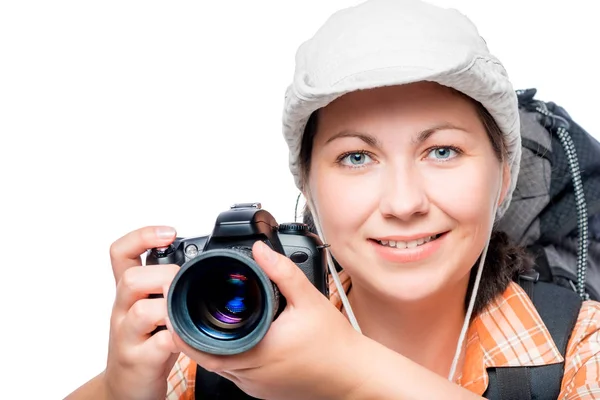 Horizontal portrait of a professional photographer tourist with — Stock Photo, Image