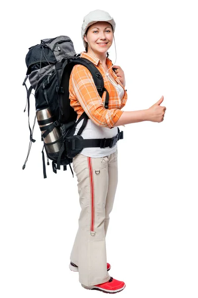 Campista feliz viajando con una gran mochila, retrato aislado — Foto de Stock