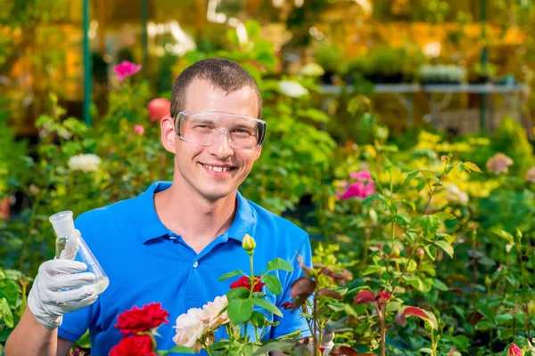 Biologo sorridente con una provetta in serra — Foto Stock