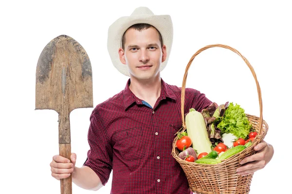 30 let starý zahradník s košem zeleniny a lopatou po — Stock fotografie