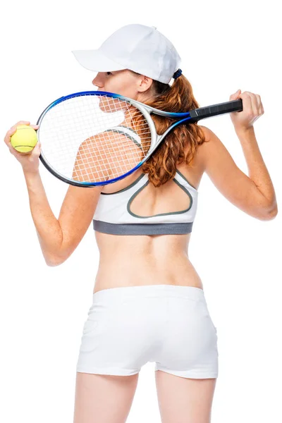 白い背景にラケットとテニス プレーヤーの後ろから表示します。 — ストック写真