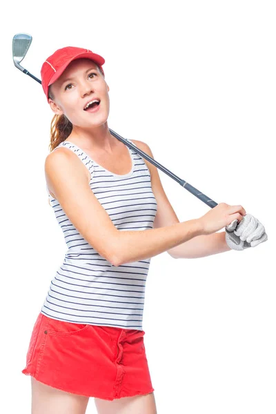 Golfeur en casquette avec club de golf sur fond blanc — Photo