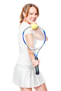 Atlet ince ve güzel izole bir tenis raket poz ile