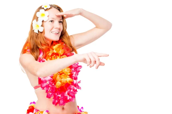 Woman looks and show to the side on a white background. Clothing — Stock Photo, Image