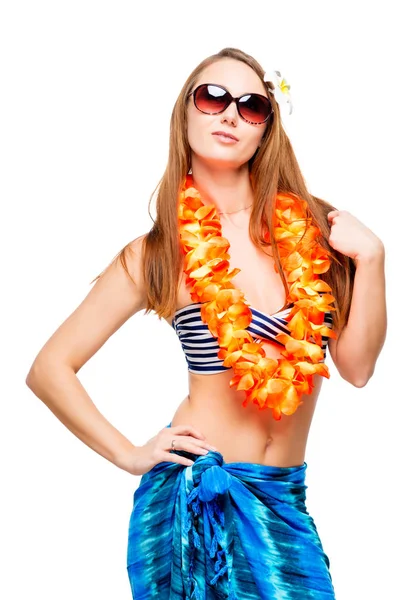 Vertical portrait of brunette in floral lei and bikini on white — Stock Photo, Image