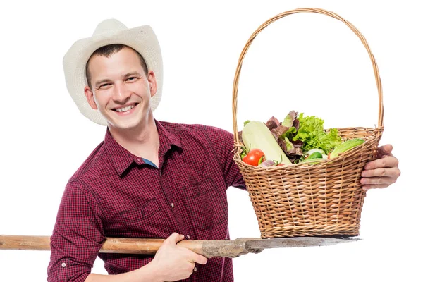 Úspěšné farmář s úrodu zeleniny ve studiu na w — Stock fotografie