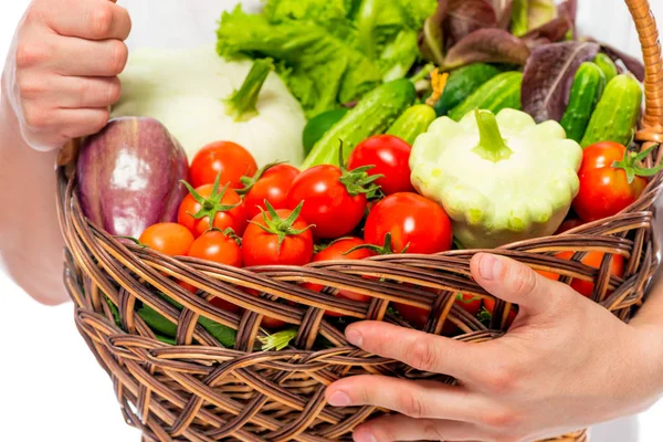 Légumes juteux mûrs dans un panier de gros plan d'un agriculteur — Photo