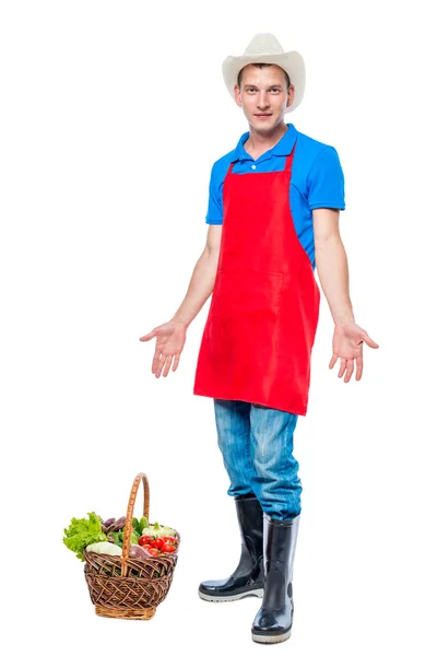 Farmer in apron posing on white background — Stock Photo, Image