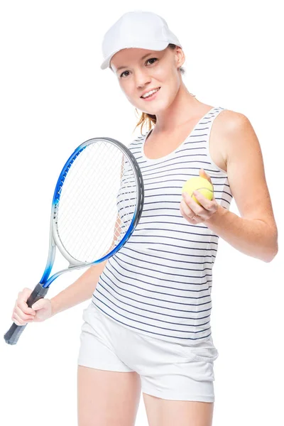 Jugador de tenis sosteniendo una pelota y una raqueta de tenis en las manos — Foto de Stock