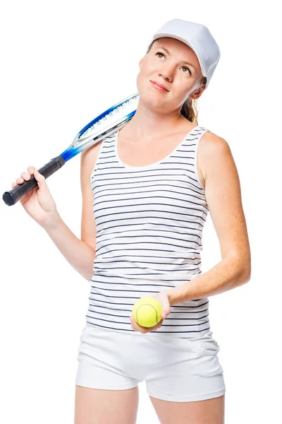 Regard rêvé d'une joueuse de tennis sur fond blanc — Photo