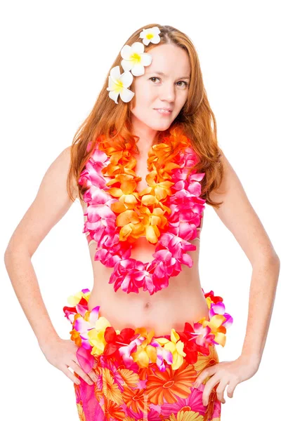 Dikey portre Studio beyaz Hawaiian Lei içinde bir kadın — Stok fotoğraf