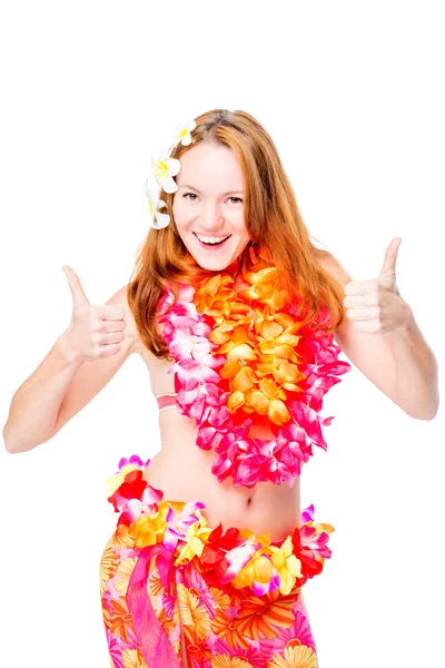 Stilvolles Mädchen in hawaiianischer Kleidung posiert auf weißem Hintergrund in s — Stockfoto