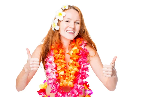 Emocional mujer feliz en un fondo blanco de vacaciones en Hawai —  Fotos de Stock