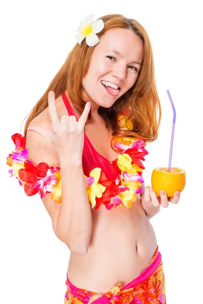 Cheerful girl in bikini shows gesture hand on white background — Stock Photo, Image