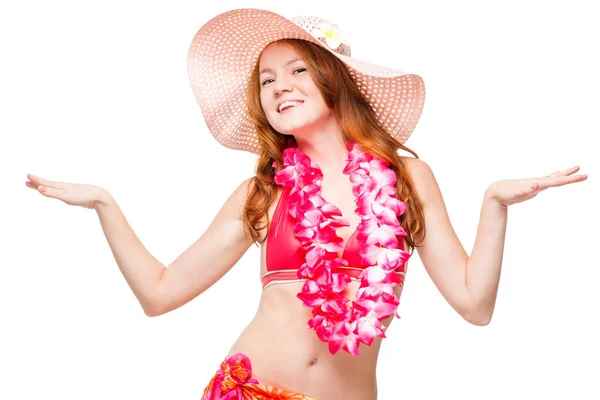 Active girl in beach Hawaiian clothes posing in studio — Stock Photo, Image