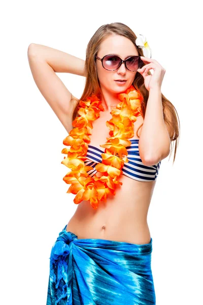 Cute model in clothes for a Hawaiian party on a white background — Stock Photo, Image