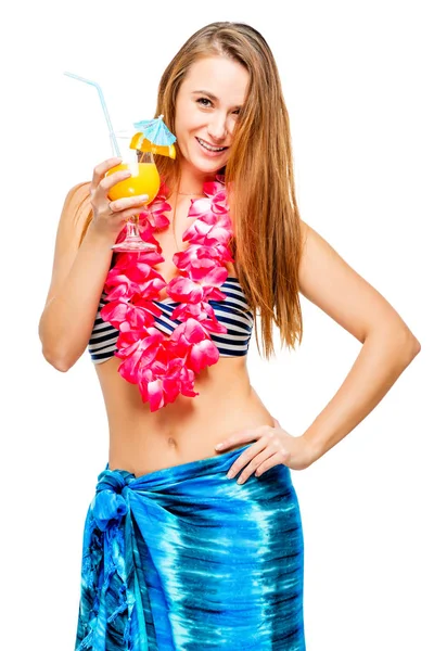 Portrait of a slender girl with a cocktail in a bikini on a whit — Stock Photo, Image