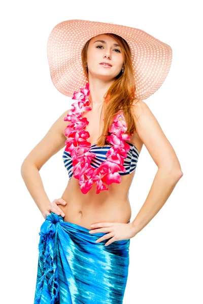 Vertical portrait of lady in bikini and hat in studio — Stock Photo, Image