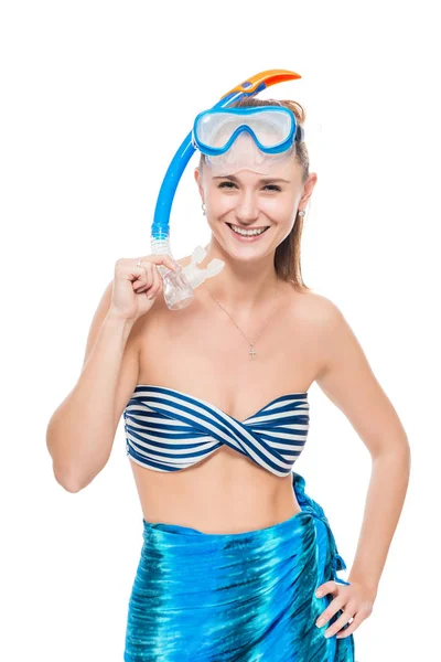 Vertical portrait of active girl with scuba mask on white backgr — Stock Photo, Image