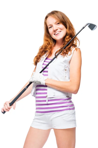 Vertical portrait of a golf player with a golf club on a white b — Stock Photo, Image