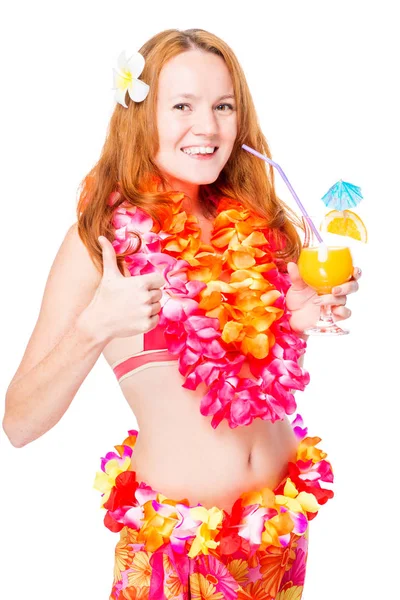 A satisfied woman shows a hand gesture, an image of a Hawaiian w Stock Picture