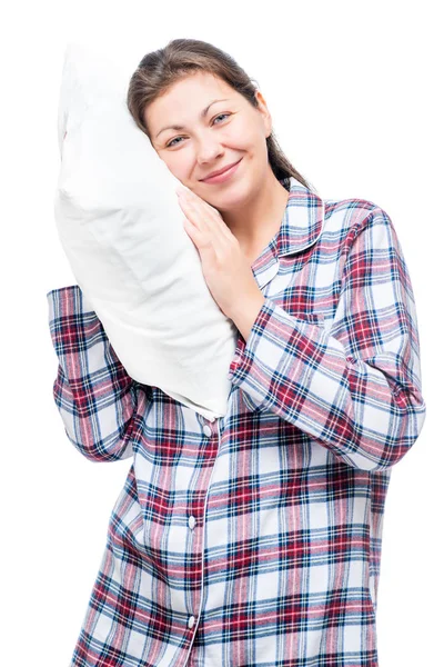 Vertical portrait of a woman in pajamas with a soft pillow isola — Stock Photo, Image