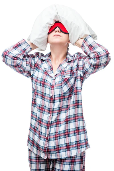 Woman in pajamas can not fall asleep, covered her head with a pi — Stock Photo, Image