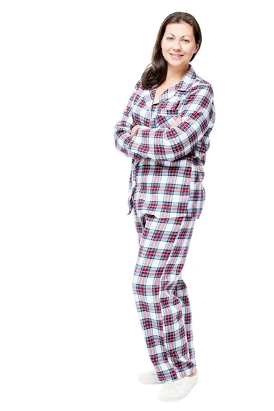 Mujer en pijama de franela caliente posando en estudio sobre fondo blanco —  Fotos de Stock