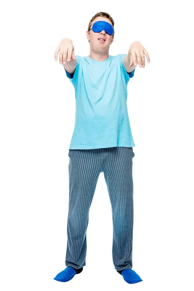 Προσωπογραφία άνδρα υπνηλία στο πιτζάμες σε λευκό φόντο υποφέρουν — Φωτογραφία Αρχείου