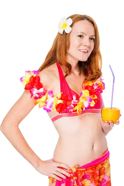 Portrait of a girl in bikini with cocktail in studio isolated — Stock Photo, Image