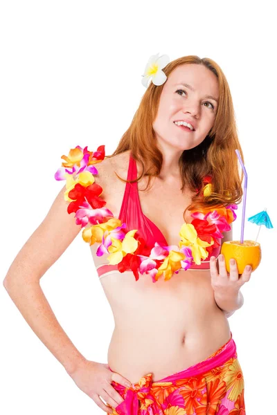 Dreamy girl in traditional Hawaiian clothes on white background — Stock Photo, Image