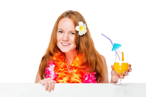 Woman in Hawaiian image with cocktail and poster in hands isolat — Stock Photo, Image