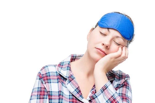 Woman in pajamas fell asleep in a sitting position, portrait on — Stock Photo, Image