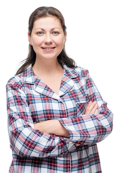 Retrato de mujer feliz y confiada en pijama a cuadros sobre espalda blanca — Foto de Stock