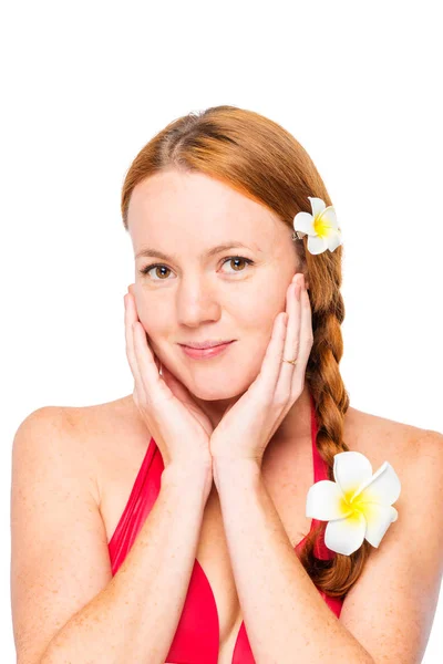 Face of a beautiful red-haired girl on a white background — Stock Photo, Image