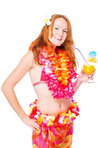 Happy girl with red hair with a cocktail on a white background Royalty Free Stock Photos