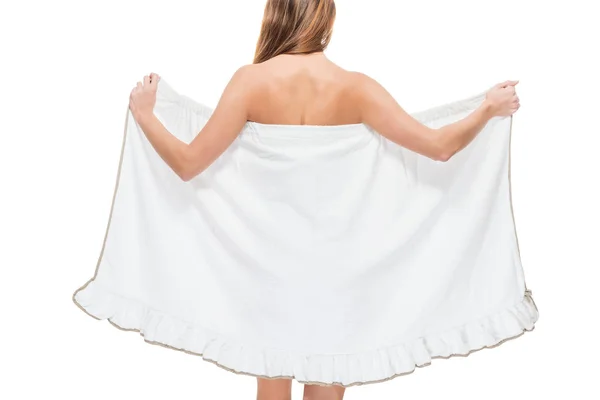 Woman with a towel sexy photo after shower on a white background — Stock Photo, Image