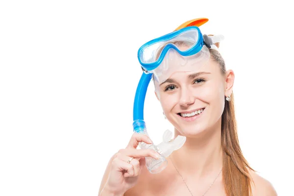 Portrait of a girl with a mask for diving on a white background — Stock Photo, Image