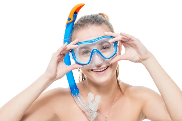 Smiling girl in bikini in mask for diving in studio — Stock Photo, Image