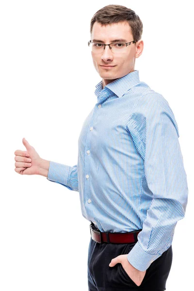 Satisfied successful entrepreneur showing thumbs up on white bac — Stock Photo, Image