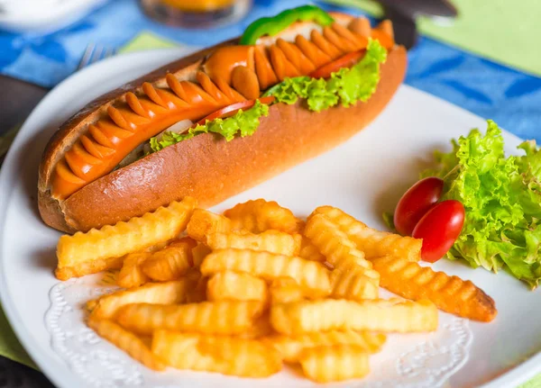 Smażone ziemniaki i duże smaczne hot doga na talerzu — Zdjęcie stockowe