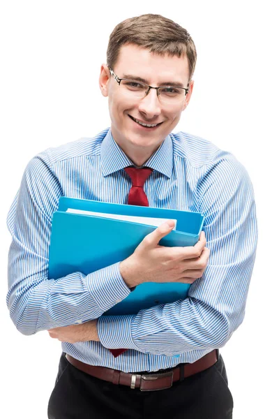 Portrait schatslivogo accountant with blue folder for papers on — Stock Photo, Image