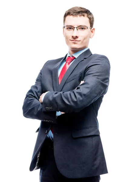 Confident manager in suit posing against white background — Stock Photo, Image