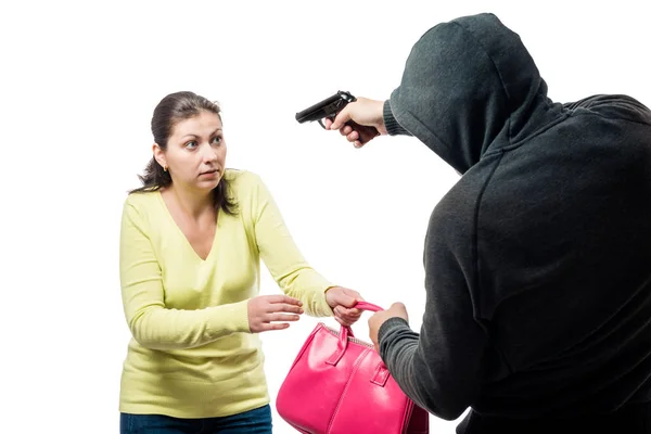 Armed robber and victim with a bag on a white background — Stock Photo, Image