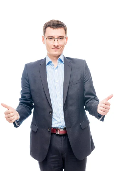 Joyful happy entrepreneur on white background showing gesture wi — Stock Photo, Image