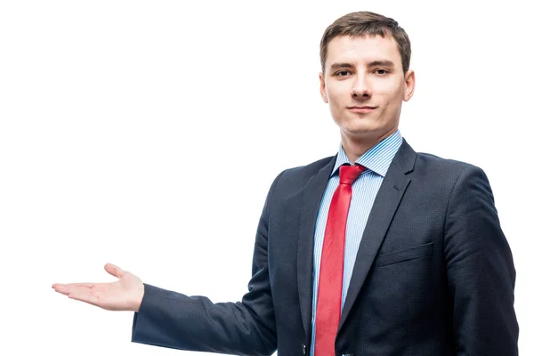 Close-up portrait of a businessman who is presenting space for a — Stock Photo, Image