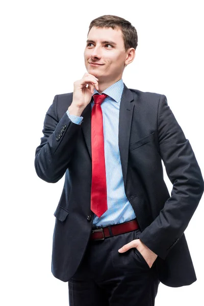 Patrão sorridente cuidadoso em terno de negócios em fundo branco — Fotografia de Stock