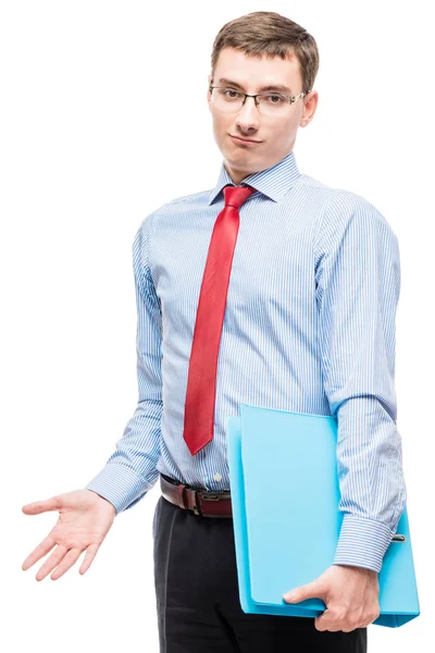 Potret seorang akuntan emosional dengan folder besar di tangan — Stok Foto